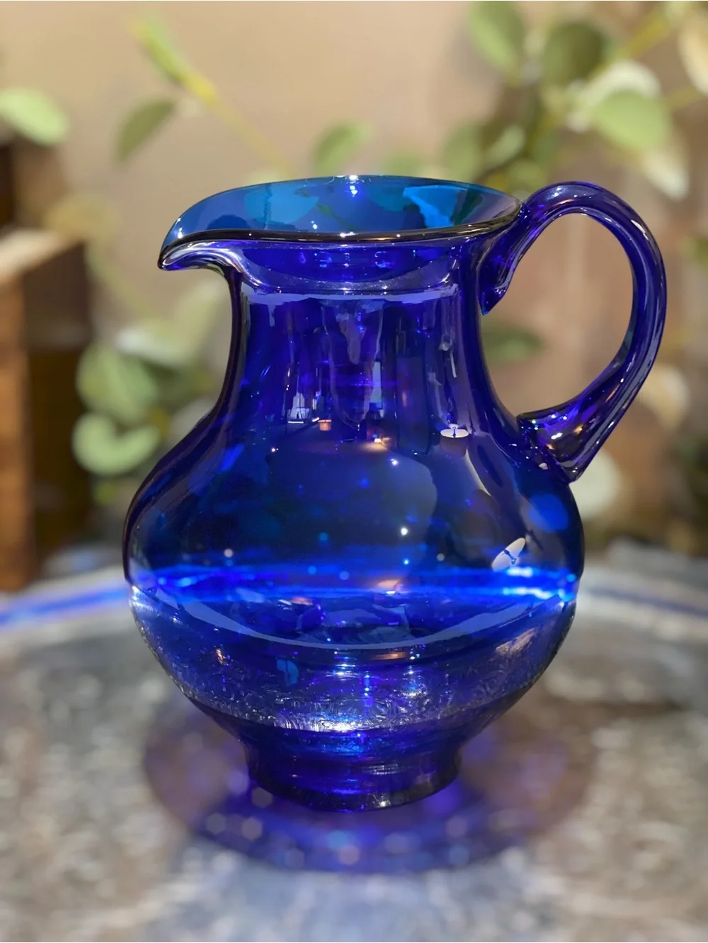 Vintage Signed Blenko Cobalt Blue Pitcher Art Glass Hand Blown Water Iced Tea